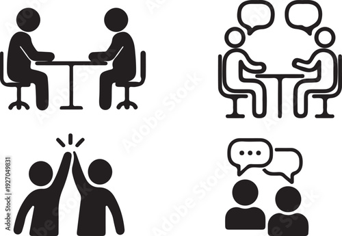 Communication and collaboration silhouette icons for teamwork and meetings