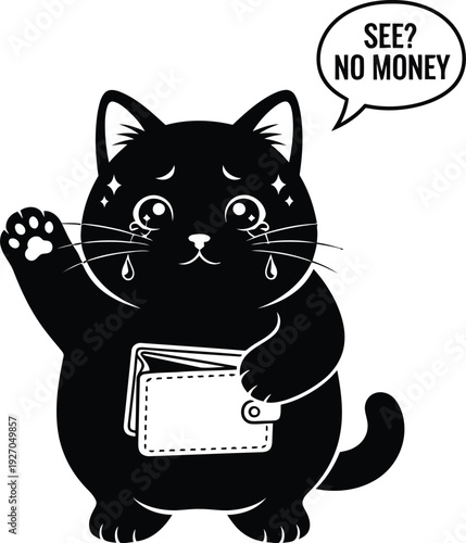 Sad black cat showing empty wallet with no money