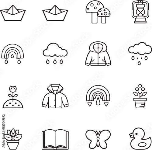 Weather icon set. Containing temperature, sun, rain, cloud, humidity, summer, winter, spring, cloudy and rainy season.
