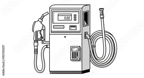 Fuel pump station with nozzle and hose, ready for refueling vehicles at gas station.