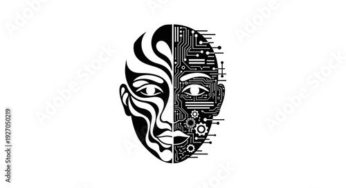 Digital Face Blend: Organic vs. Circuitry, Humanoid AI Concept