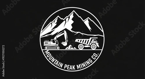 Mountain Peak Mining Company Logo Depicting Mining Equipment and Mountains.