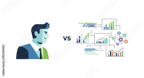 Human Decision Maker VS Data Analytics. Business Man Comparison with Strategy Charts, Graphs, and Data Flow Visualization.