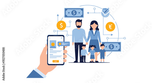 Family Financial Planning, Budget and Savings Management via Mobile Banking App. Economic Security for Children Illustration.