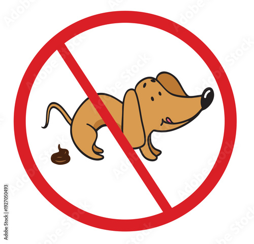 No dog poop sign with cartoon dachshund and red prohibition symbol isolated on light background