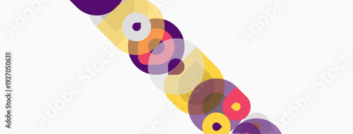 Abstract circles overlap, creating vibrant color patterns. Purple, yellow, pink hues dominate white background. Modern design element.