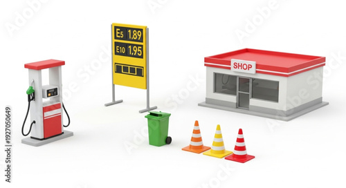 Gas station scene with fuel pump, price sign, shop, and traffic cones.