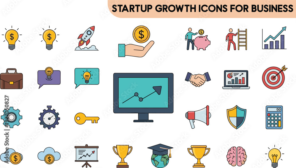 Fototapeta premium Startup growth icons for business marketing and financial success strategy.