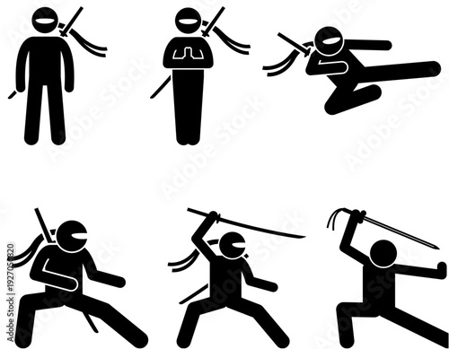 Collection of black stick figure ninjas in various action poses with swords and traditional weapons.