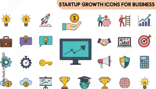 Startup growth icons for business marketing and financial success strategy.