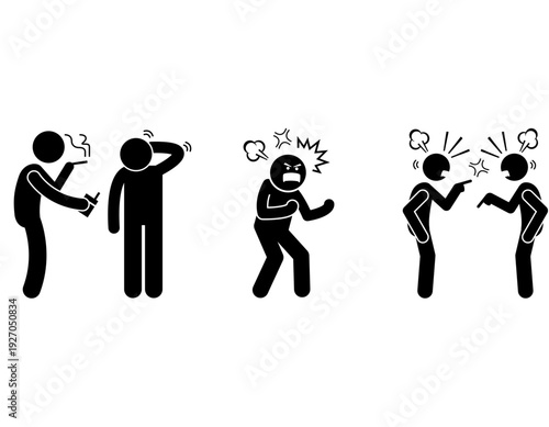 Stick figures illustrating various negative human interactions and emotions like smoking, distress, anger, and argument.