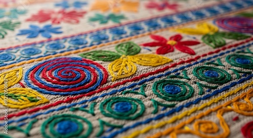 Vibrant embroidered floral pattern with intricate stitching and colorful motifs on fabric