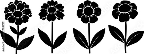 Black silhouette flowers with detailed petals and leaves white background floral