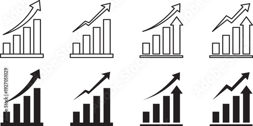 Collection of black and white bar graph icons with upward trending arrows