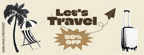 Retro Vintage Pop Art Comic Style Halftone collage Travel Agency Banner Template for summer vacation banner Let's travel banner with palm tree, beach chair, luggage, and paper plane