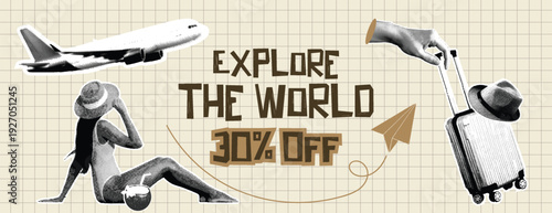 Retro Vintage Pop Art Comic Style Halftone collage Travel Agency Banner Template for summer vacation banner Explore world banner design with airplane, bikini girl, and luggage icons on grid background