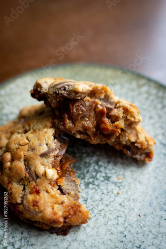 Broken caramel filled cookie with chocolate chips