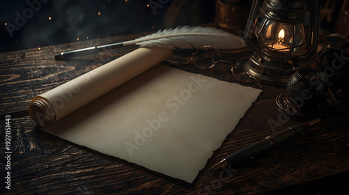 Blank parchment scroll on a wooden desk with a quill and lantern. Vintage atmosphere.
