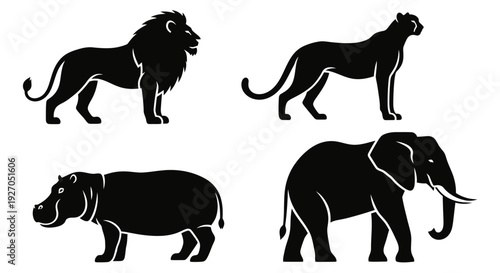 African Safari Animals Silhouettes Collection: Lion, Leopard, Hippopotamus, and Elephant