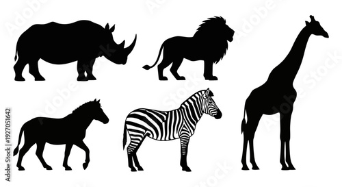 African Safari Animals Silhouettes Collection: Rhino, Lion, Zebra, Horse, Giraffe