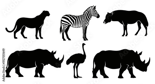 African Safari Animals Silhouettes Collection: Zebra, Rhino, Ostrich, Leopard, Hyena Icons