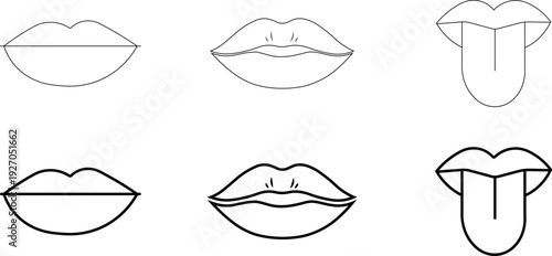Lips icon set with solid line art vector illustration isolated on transparent background