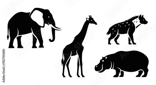 African Safari Animals Silhouettes: Elephant, Giraffe, Hyena, and Hippopotamus Wildlife Vector