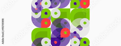 Abstract circles, squares overlap. Purple, green, red hues dominate composition. Modern design, geometric patterns present.