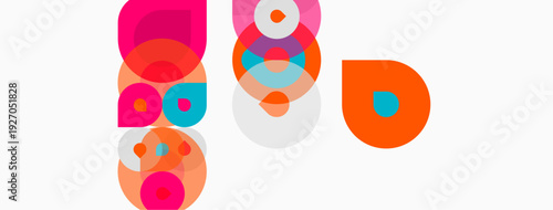 Abstract colorful circles overlap, creating dynamic composition. Bright hues contrast against white background. Modern design elements present.