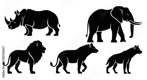 African Wild Animals Silhouette Collection: Rhino, Elephant, Lion, and Hyenas