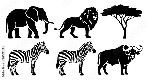African Safari Wildlife Silhouettes: Elephant, Lion, Zebra, and Wildebeest with Acacia Tree
