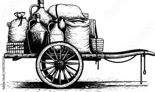 Vintage wooden cart loaded with sacks and glass jugs white background wagon wheel