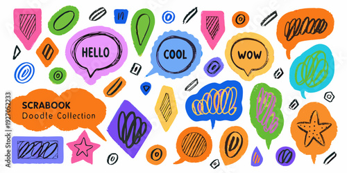 Colorful hand drawn doodles and speech bubbles with positive messages