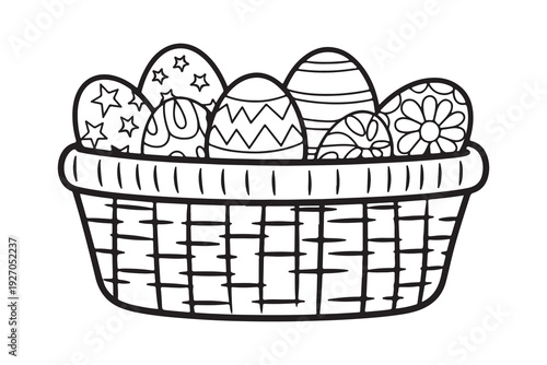 Decorative Basket Filled With Colorful Patterned Easter Eggs