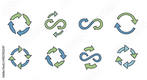 Circular Arrow and Infinity Symbol Icons Set for Recycling and Continuous Process Concepts