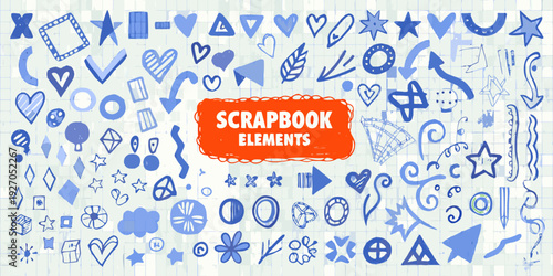 Collection of hand drawn blue scrapbook elements and shapes on lined paper