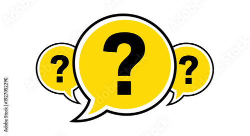 Yellow speech bubbles with black question marks white background symbol
