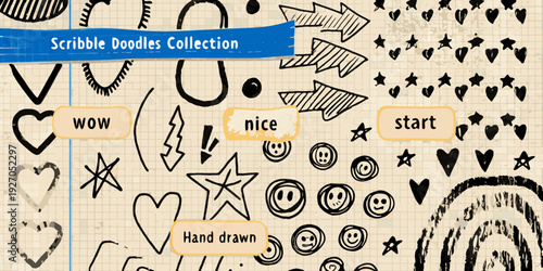 Collection of hand drawn scribble doodles arrows hearts and speech bubbles