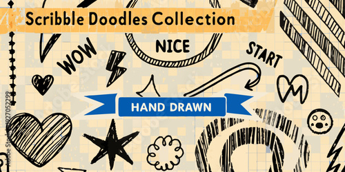 A collection of hand drawn scribble doodles and sketched elements