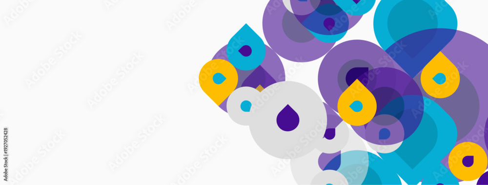 Fototapeta premium Abstract circles overlap, creating vibrant color patterns. Purple, blue, yellow hues dominate white background. Modern design element.