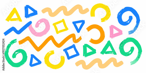 Colorful hand drawn shapes and letters scattered across a white background