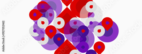 Abstract composition featuring overlapping circles. Red, purple hues dominate white background. Dynamic, modern visual design.