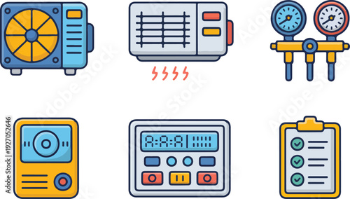 Air conditioning unit repair service technician tools and gauges for climate control system maintenance inspection.