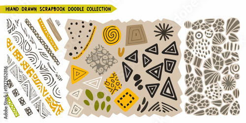 Hand drawn doodle elements and shapes in a scrapbook collection
