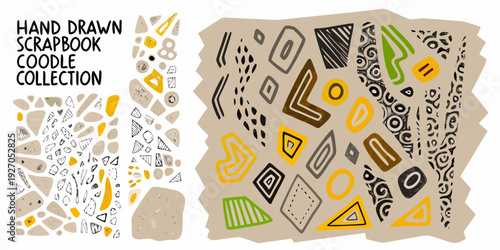Hand drawn scrapbook doodles and shapes in a playful colorful arrangement