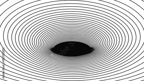 A mesmerizing abstract black and white illustration depicting a swirling vortex or a deep black hole, created by numerous concentric elliptical lines that converge towards a dark central point