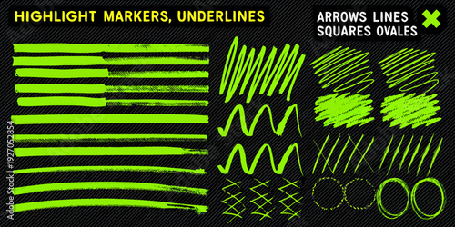 Collection of bright green highlighter marks lines and scribbles