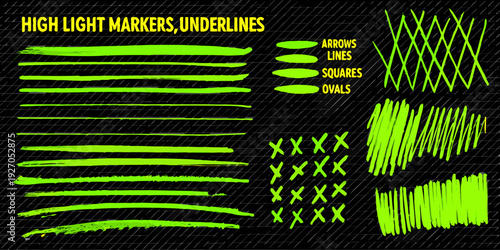 Variety of bright green highlighter marker strokes and shapes on black