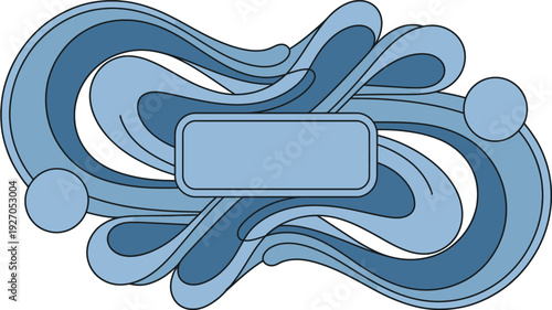 An elaborate and artistic abstract illustration composed of swirling, interconnected wave-like shapes in shades of blue and white, adorned with several circular elements and a central rectangular