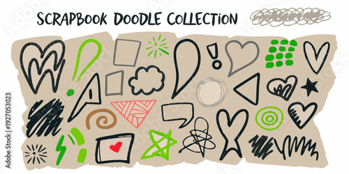 A collection of colorful hand drawn scrapbook doodles and decorative elements